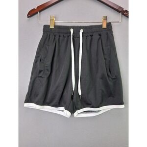 GYM Athletic Mesh Shorts Small Black White Trim Elastic Waist Pockets Workout